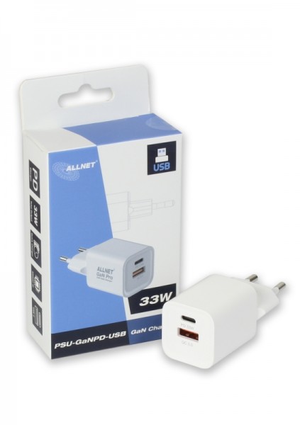 ALLNET Replacement Power Supply QC USB-C PD GaN Power Supply 33 Watt 1x USB Type-A QC, 1x USB Type-C**EU PLUG**