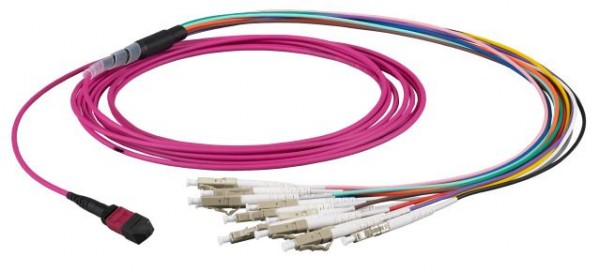 LWL-MTP®-Female-LC Patchkabel OM4 LowLoss, 12 Faser(Fanout,Pin1-12)-&gt; 6xLC duplex, 3m, 50/125u,