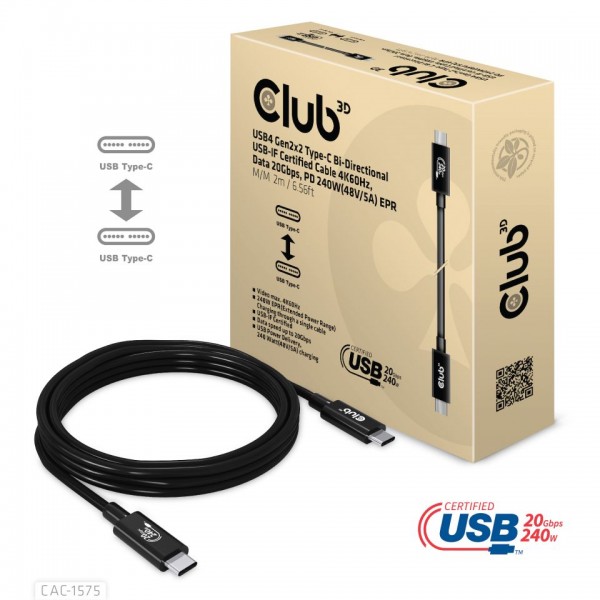 Kabel USB, C(St) =&gt; C(St), 2.0m, USB4.0, *Club 3D* 240W