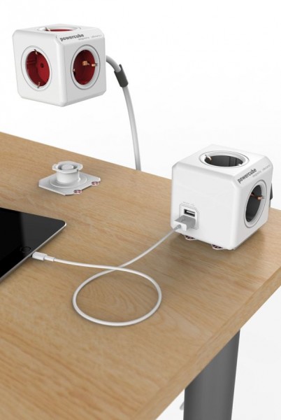 DesignNest(Allocacoc) Powercube, Extended USB, 4xDosen(CEE7)-&gt;Stecker(CEE7), 1.5m, weiss/grau