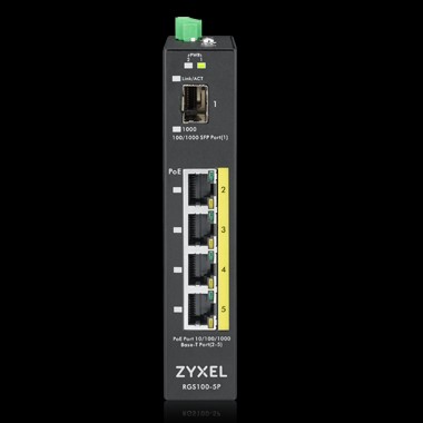 Zyxel Switch unmanaged Layer2 5 Port • 4x 1 GbE • PoE Budget 120 Watt • 4x PoE at • 1x SFP • Industrial • Lüfterlos • RGS100-5P