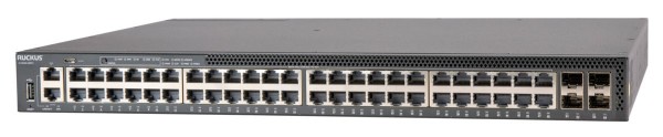 CommScope RUCKUS ICX8200-48PF2-E Switch, 48x10/100/1000 Mbps PoE+ ports, 4x25 GbE SFP28 stacking/uplink-ports, 740 W PoE budget (with 1x PSU, 1x FAN)