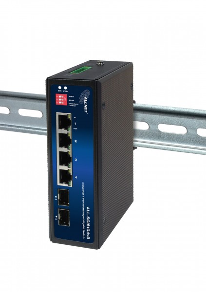 ALLNET Switch industrial unmanaged Layer2 6 Port GbE • 4x GbE • 2x SFP • Fanless • IP40 • ALL-SGI8104v3