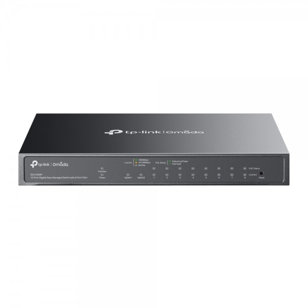 TP-Link Switch easy managed 10 Port • 9x 1 GbE • 1x Combo SFP/RJ45 Port • PoE Budget 123W • 8x PoE at • Lüfterlos • Omada • ES210GMP