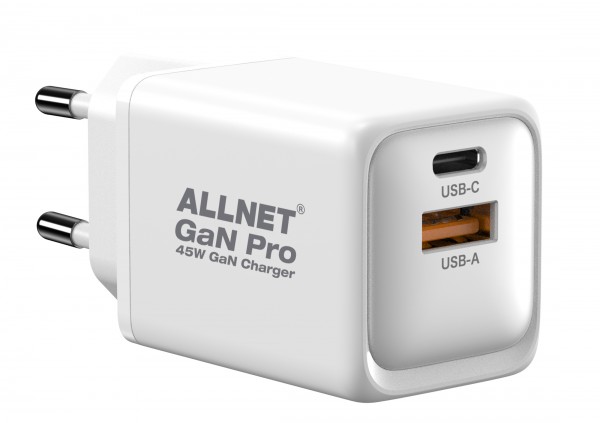 ALLNET Ersatznetzteil QC USB-C PD GaN Netzteil Power Supply45Watt 1x USB Typ-A QC, 1x USB Typ-C**EU PLUG**
