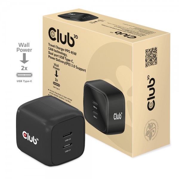 Club 3D Reiseladegerät PPS 45W GAN-Technologie, Dualer Anschluss USB Typ-C, Power Delivery(PD) 3.0 Unterstützung *schwarz*