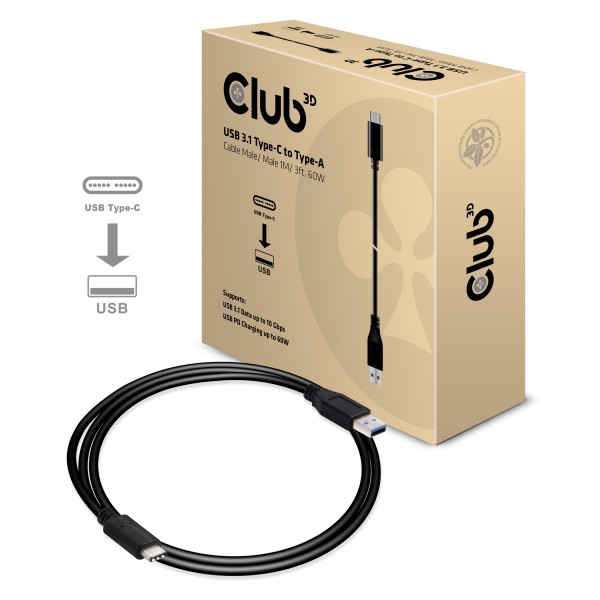 Kabel USB, C(St) =&gt; A(St), 1.0m, USB 3.1, *Club 3D* 10Gbps PowerDelivery