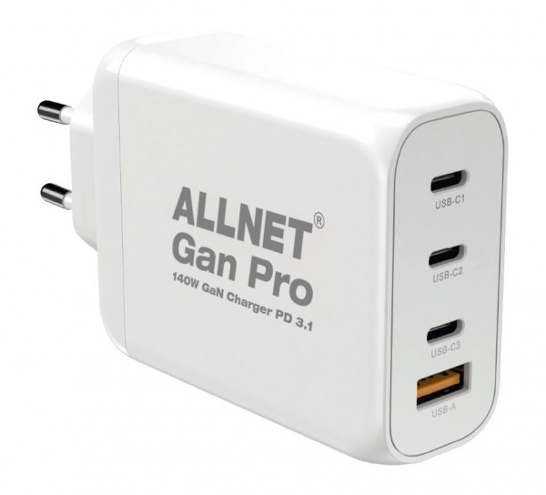 ALLNET Replacement Power Supply QC USB-C PD 3.1 GaN Power Supply 140 Watt 1x USB Type-A QC 3.0, 3x USB Type-C**EU PLUG**
