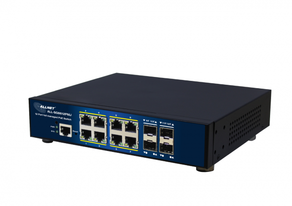 ALLNET Switch full managed Layer2+ 12 Port • 8x GbE • PoE Budget 300W • 8x PoE at • 4x SFP • 10" &amp; 19" • Fanless • JSON API • ALL-SG8612PMJ