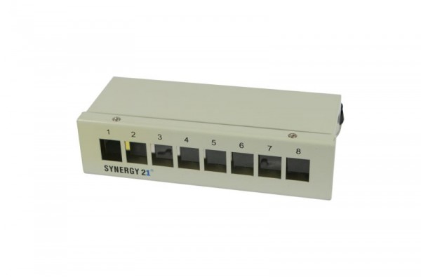 Patch Panel 8xTP, CAT6A, incl.Keystone, Short mit Kabelklemme, Aufputz Metall, Lichtgrau, Synergy 21,