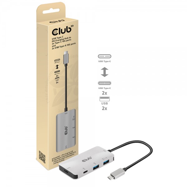 USB Hub 3.0 Typ C =&gt; 2-fach USB-A + 2-fach USB-C Hub Schnell-Laden *Club3D*