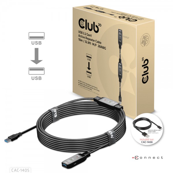 Kabel USB, A(St) =&gt; A(Bu),10.0m, USB3.2, *Club 3D* aktiv