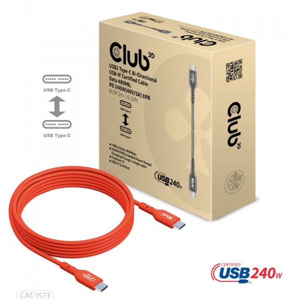 Kabel USB, C(St) =&gt; C(St), 2.0m, USB3.0, *Club 3D* 240W