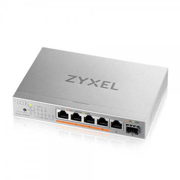 Zyxel Switch unmanaged Layer2 5 Port • 5x 10/2.5 GbE • 1x SFP + • PoE Budget 70 Watt • 4x PoE bt • Desktop • Lüfterlos • XMG-105HP