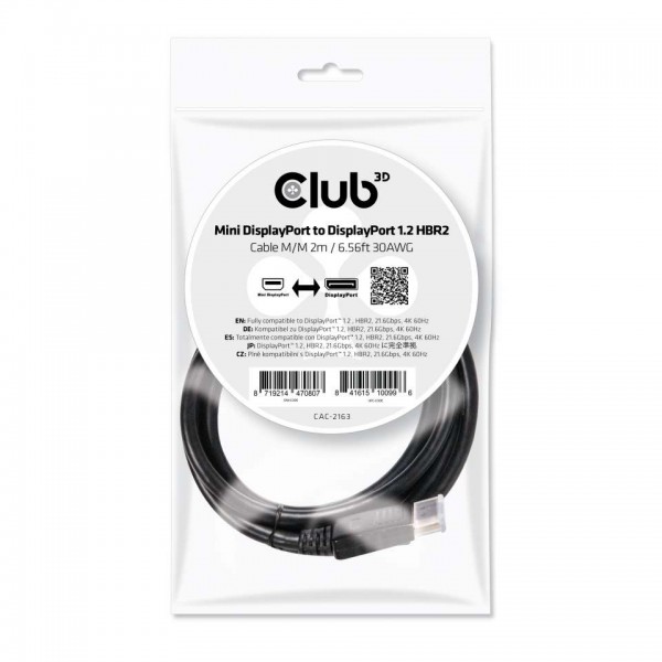 Kabel Video Mini DisplayPort 1.2 =&gt; DisplayPort 1.2 HBR2 ST/ST 2,0m 30AWG *Club3D*