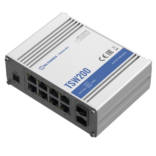 Teltonika · Switch · TSW200 · 8 Port Gigabit Industrial unmanaged PoE+ Switch, 2 SFP