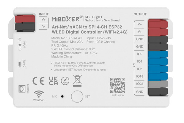 Synergy 21 Pixel LED Controller SPI-Serie Art-Net / sACN to SPI 4-CH ESP32WLED Digital Controller (WiFi+2.4G) *Milight/Miboxer*